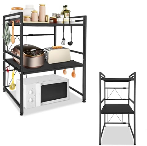 TANYEAR Erweiterbares Mikrowellen Regal 3-stufiges Mikrowellenhalter Mikrowellenständer Küchenorganizer ständer mit 8 Haken Stauraum Aufhängen Organizer Bäckerregale für Küche Aufbewahrung, Schwarz