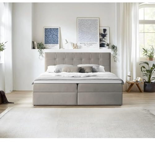 Beautysofa Canapé-lit Boxspring - Lit avec Matelas Bonell et Surmatelas 5 cm - Deux Grands Coffre de Rangement - Lit Double avec Appuie-Tête pour Chambre à Coucher - Beige Foncé (Velo624) - 180x200cm