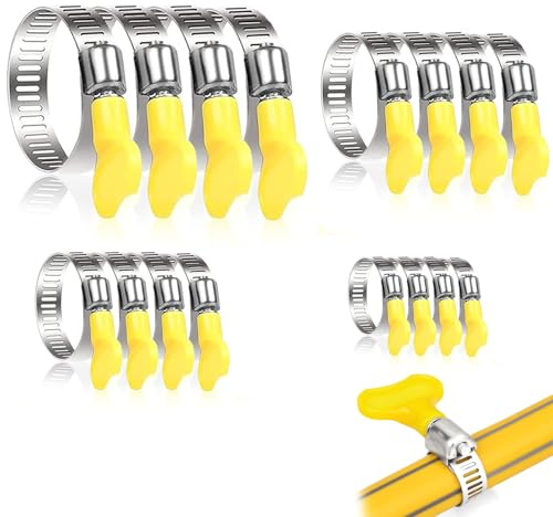 16 Pieces 4 Size Hose Clips Set with Handle, Adjustable 16mm-40mm Range Garden Hose Clamp, Stainless Steel Garden Tightening Pipe Clamp for Hose Pipe Tube, for Securing Home Gas Flexible Connections