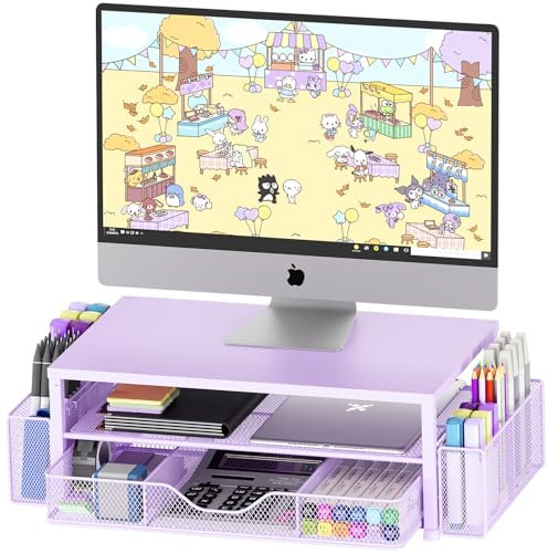 OPNICE Desk Organizers and Accessories, 2-Tier Computer Monitor Stand Riser with Drawer and 2 Pen Holders, Laptop Stand, Office Desk Accessories & Office Decor for Women, Purple