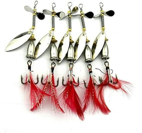 5 pezzi cucchiai di metallo ami da pesca con piume, coda di gallo, esche da pesca a cucchiaino rotante in linea per la pesca alla trota esche da pesca 8,2 cm-7 g esche rotanti, esche rotanti, esche r