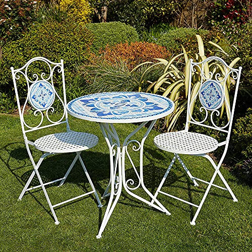 Outdoor Mosaik Bistro Set Klapptisch und 2 Stühle für Terrasse Gartenmöbel mit Metallrahmen