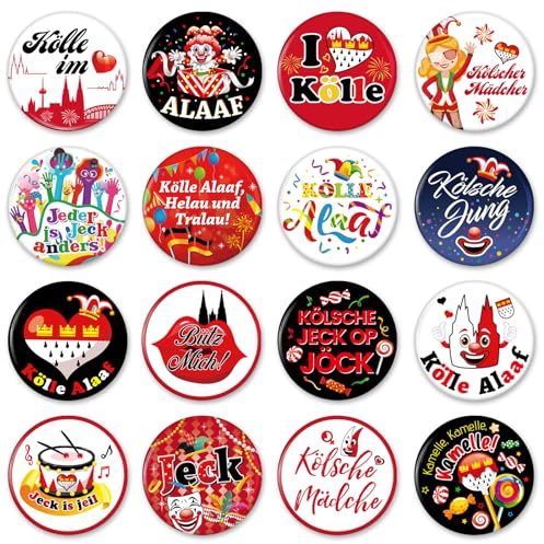 DPKOW 32 Buttons Kölner Karneval 2026 Accessoires, Köln Anstecker Pin Kölle Alaaf Buttons Fasching Kostüm Accessoires, Köln Jeck Gadget Mitgebsel Karneval Köln Accessoires Deko, mit Anstecknadel