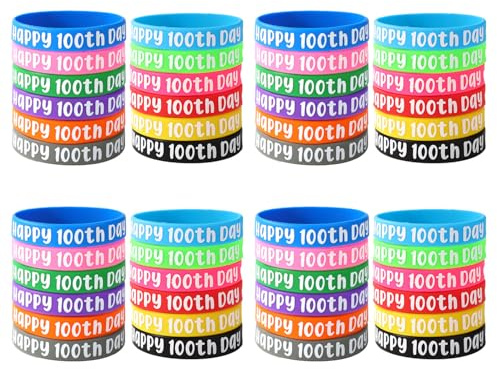 Tinoaly 48pcs 100th Day of School Bracelets, Elastic Silicone Happy 100th Day Bracelets Multicolored Silicone Wristbands 100 Day of School Gift for Student Gift Rewards School Party Supplies