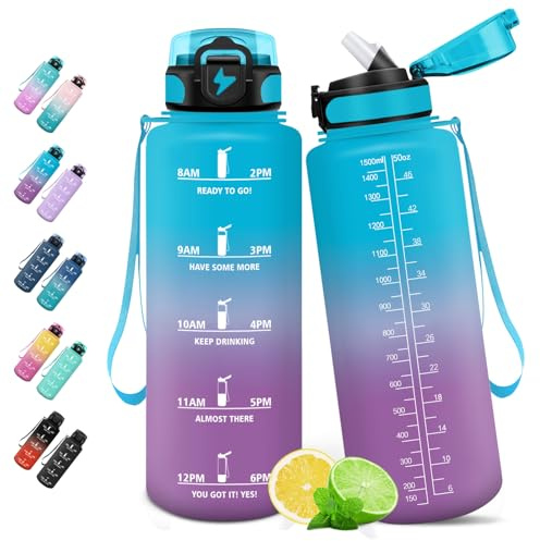 HoneyHolly Trinkflasche Sport 1.5L mit Strohhalm, Auslaufsicher, Wasserflasche, mit Zeitmarkierung, Trinkflasche Kohlensäure Geeignet für Outdoor, Radfahren, Fitness, Yoga