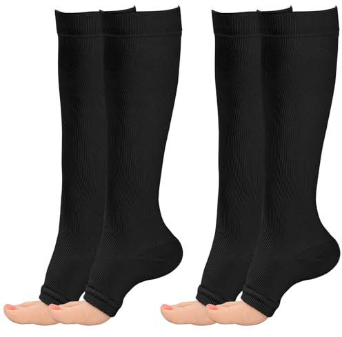 2 Pairs Compression Socks for Women & Men,Toeless Flight Socks Compression Stockings Open Toe Pressure Support Flight Stockings for Maternity Pregnancy Nurses Flying Varicose Veins (Black+Black, S/M)