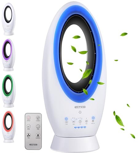 Echos®- 2-in-1 Design Akku Turmventilator Standventilator mit Fernbedienung kabellos - Akku- oder Strombetrieb - Leiser Ventilator Tischventilator oszillierend - Fernbedienung LED Beleuchtung