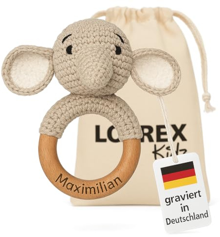 Personalisierter Beißring für Baby aus Holz mit Gravur - Baby Rassel für Junge und Mädchen - ab 0 Monate