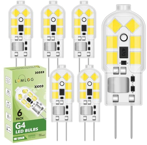 Lumlog G4 LED Bulbs 1W, AC/DC 12V, Cool White 6000K, Equivalent 20W G4 Halogen Lamp, 135LM, No Flickering Energy Saving Capsule Light Bulb for Home-Lighting 6 Pack [Energy Class E]
