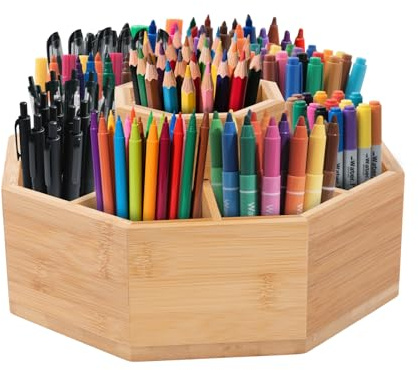 Youyijia Rotierender Künstlerbedarfs-Organizer aus Bambus 360° drehbarer Schreibtisch-Organizer mit 8 Fächern bietet Platz für über 300 Bleistifte Kugelschreiber Marker Pinsel Aufbewahrung (Bambus)