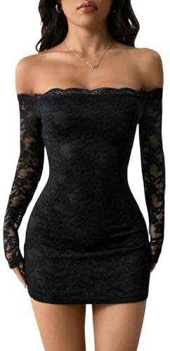 SweatyRocks Lace Dress Women's Elegant Long Sleeve Mini Dress Gothic Dress Sexy Off Shoulder Dress with Lace Party Dress Festival Outfit, black, XXS