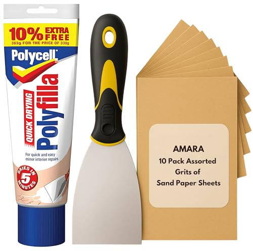 Wall Repair Bundle with Polyfilla Quick Drying, 3 Paint Scraper & 10pc Sandpaper for Wood & Walls – Ready Mixed Polyfiller, Ideal Wall Hole Filler, DIY Caulk White Set