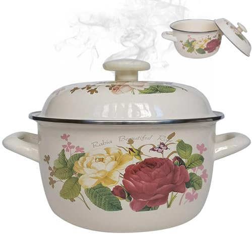 Pot en émail 10x6 pouces sans bâton en émail pot avec couvercle et poignées de la soupe de fleurs rétro épaississer les ustensiles cuisine pour la maison cuisine à la maison