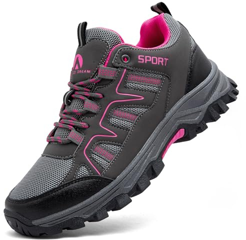 ASOCO DREAM Hiking Shoes Mens Womens Walking Boots Lightweight Breathable Trekking Climbing Trainers Outdoor Backpacking Camping Sneaker,Grey Rose,4 UK