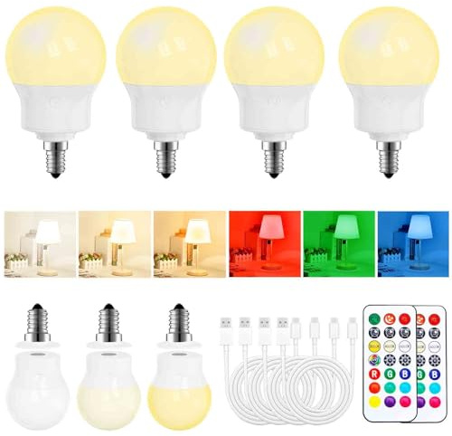 Bombilla LED Recargable Mando a Distancia, Base Magnética, 8W E14 4 Pack | Batería 2600mAh, USB-C, 480LM, Regulable, 3 Temperaturas, 9 Colores RGB, 2 Modos, 3 Temporizadores, Para Lámparas Sin Enchufe