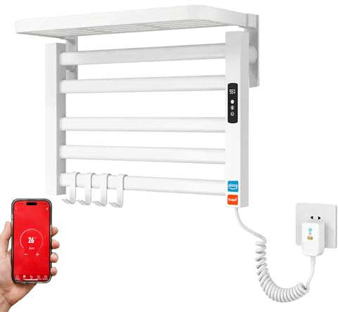 YOEVU | Toallero eléctrico | Mediano, 100W, Aleación de Aluminio | Estante Superior, Pantalla LCD táctil, Control WiFi, Compatible con Alexa y Google Home | Blanco