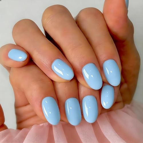 KQueenest Soft Gel Press On Nails Kurz, 32 Stück 16 Sizes Baby Blau Nägel zum Aufkleben Kurz Rund, Natürlich Mandel Fake Nails Press ons, Einfach Full Cover Künstliche Nägel für Frauen Maniküre