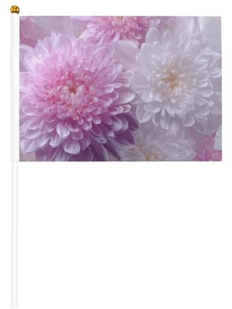 Banderas pequeñas de mano de crisantemo rosa y blanco, mini banderas en palo para fiestas, actividades de equipo, desfiles, decoración de vacaciones, paquete de 10