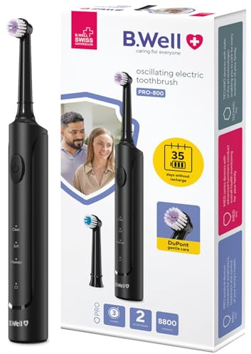 Brosse à Dents Rotative B.Well PRO-800 | 3 Modes & Autonomie 35 Jours | Qualité suisse, minuteur 2 minutes avec intervalle 30s, charge par induction & 2 brossettes, Noire