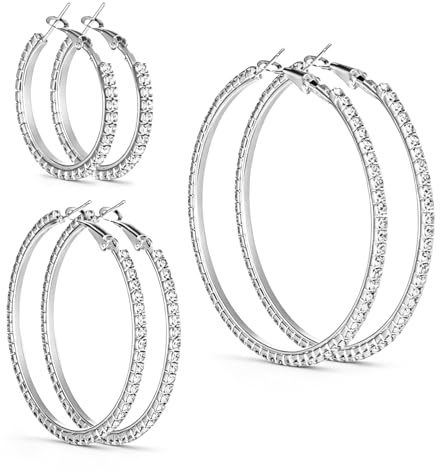 3 Pairs Sparkly Crystal Hoop Earrings for Women,3 Sizes(3/5/7 cm)