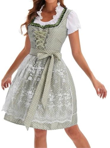 Dirndl Damen Oktoberfest Damen Outfit Midi Dirndlkleid Trachtenkleid inkl. Trachtenrock Dirndlbluse Dirndlschürze, Dirndl Kleidung Trachtenmode Kleid Schlicht Tracht Dirndlkleid Schürze Spitze Kleid