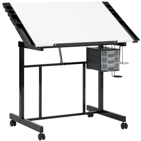 Studio Designs Deluxe Craft Station, Top Adjustable Drafting Table Craft Table Drawing Desk Hobby Table Writing Desk Studio Desk with Drawers, 36''W x 24''D, Black/White