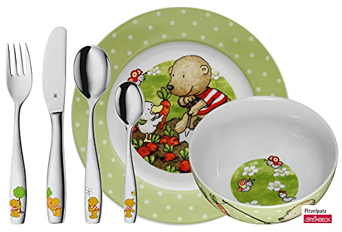 WMF Pitzelpatz - Vajilla para niños 6 piezas, incluye plato, cuenco y cubertería (tenedor, cuchillo de mesa, cuchara y cuchara pequeña) (WMF Kids infantil)