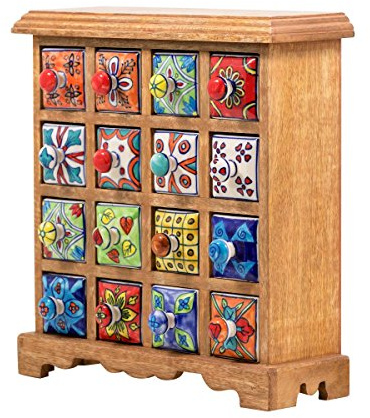 Myakka Natural Solid Wood and Hand-Painted Ceramic 16 Drawer Floral Storage Chest