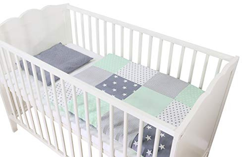 Completo di biancheria da letto per neonato ULLENBOOM ® verde menta, grigio (set 2 pezzi: federa guanciale 35x40 cm e copripiumino 80x80cm)