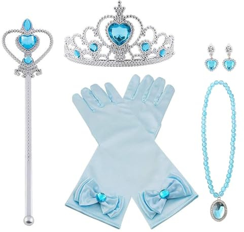 Vicloon Princesse Accessoires pour Costume d'elsa, 5 Pièces avec Tresse/Boucles d'oreilles/Gants/Diadème/Baguette Magique pour Cosplay Noël Fête Party d'anniversaire, Filles de 3 à 10 Ans-bleu clair