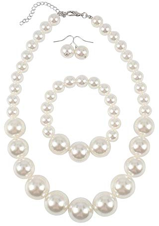 Daimay Große Perlen Schmuck Set Nachgemachte Perlenkette Kirsch Armband Ohrstecker Damen Halskette Runde Zuchtkette Statement Perlenarmband Perlen Ohrringen für Hochzeit Events Party - Weiß