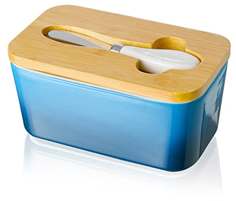 Porcelain Butter Dish with Knife & Wooden Lid, Candiicap Airtight Butter Keeper for Countertop, Large Butter Holder for All Types of Butter(Navy Blue)
