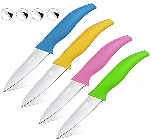 Eocogup Paring Knife,3.7 inch Fruit and Vegetable Paring Knives,Stainless Steel Super Sharp Small Kitchen Knives Sets,Assorted Colors Handle(Set of 4)