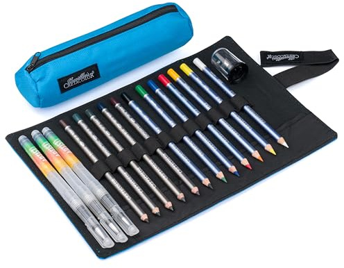 Cretacolor Rolletui „Aqua Set“ 25-tlg – Aquarellstifte & AquaGraph im Künstleretui – Wasservermalbare Farbstifte mit Zubehör – Kreatives Aquarellieren unterwegs