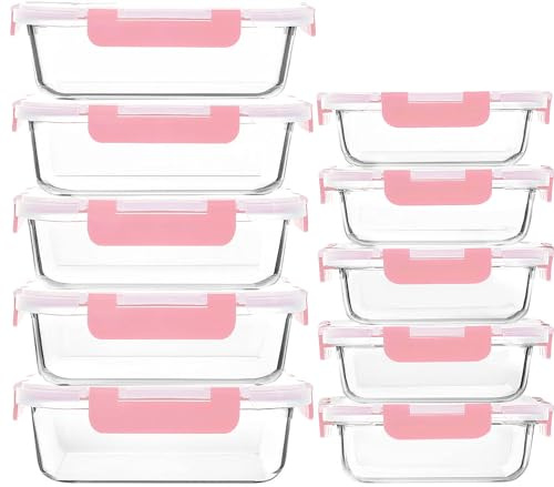 M MCIRCO [10-Pack Meal Prep Containers with Snap Locking Lids, Glass Airtight Lunch, Food Storage Containers, Microwave, Oven, Freezer and Dishwasher Friendly, Pink