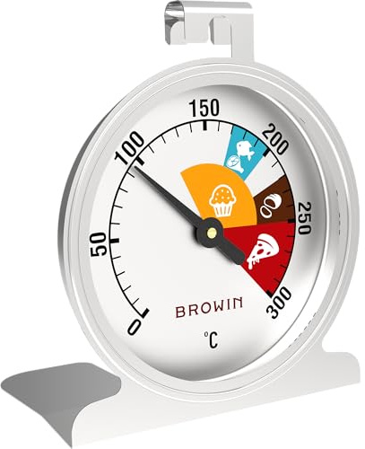 Browin 100502 - Termómetro de horno (0 °C + 300 °C, analógico, apto para horno, escala de medición clara, vidrio, acero inoxidable)