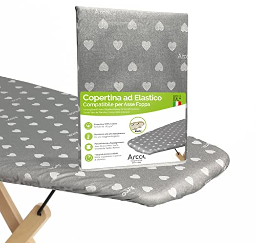 ARCOL Compatibile per Asse da Stiro Foppapedretti, Copertina Ricambio ad Elastico, Made in Italy, Copertura Copriasse da Stiro 100% Cotone (Copertina, Grigio con Cuori Bianchi)