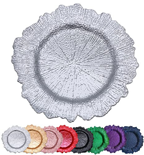 DaCakeWS Silver Reef - Set di 10 sottopiatti in plastica con motivo floreale, 33 cm, per matrimoni, cene, feste, eventi, decorazioni (Reef Silver10)