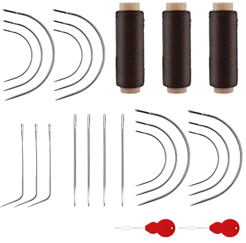 SAVITA 25stk Nähnadel und Faden Set, Gebogene Nadeln Braun Faden Nähnadeln Set Gebogen mit Einfädler, Nähzubehör zum Herstellen von Perücken Nähen Haareinschlagfaden Zopfverlängerung
