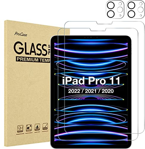 ProCase 2+2 Pack Displayschutzfolie für iPad Pro 11 Zoll 4. 3. 2. Generation 2022 2021 2020 mit Kameraobjektivschutz, Panzerglasfolie für iPad Pro 11 Zoll | Panzerglasfolie mit 2 Kameraobjektivschutz für iPad Pro 11 Zoll 4./3./2. Generation 2022/2021/2020