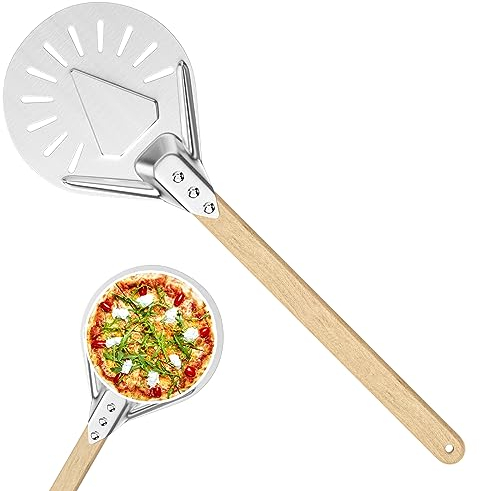 Magrimaxio pizzaschieber perforiert, 7 zoll Perforierter Pizzaschieber rund mit Verbrühungshemmend Griff, Pizzaschaufel aus Hart Eloxiertes Aluminium, für Hausgemachtes Pizza Brot Kuchen