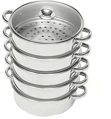 Vaporera de 5 capas, 26 cm, acero inoxidable de alta calidad, con tapa de cristal, para todo tipo de cocinas, incluso inducción, uso 3 en 1 (olla para cuscús, vaporera, olla)