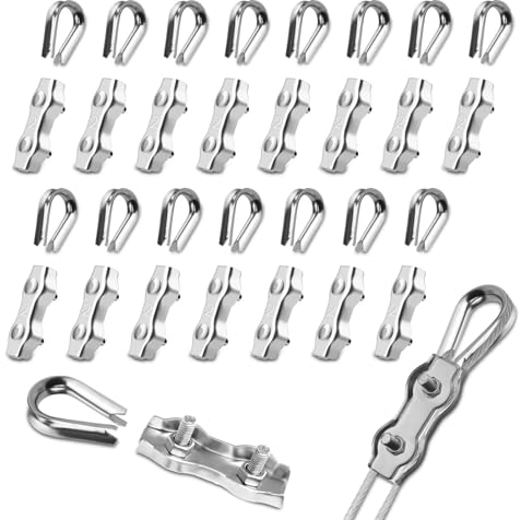 PuretéavHom 32 Stück M2 Drahtseilklemmen Set mit 16 Stück Seilklemme 2mm & 16 Stück Drahtseil Kauschen 2mm Edelstahl 304 Duplex Klemme Drahtseil Clip für Stahlseil 2mm Wäscheleine Markise Fixiert
