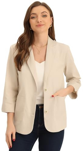 Allegra K Donna Blazer in Lino per Giacca da Abito Causale con Colletto con Revers Dentellato E Maniche A 3/4 Beige S