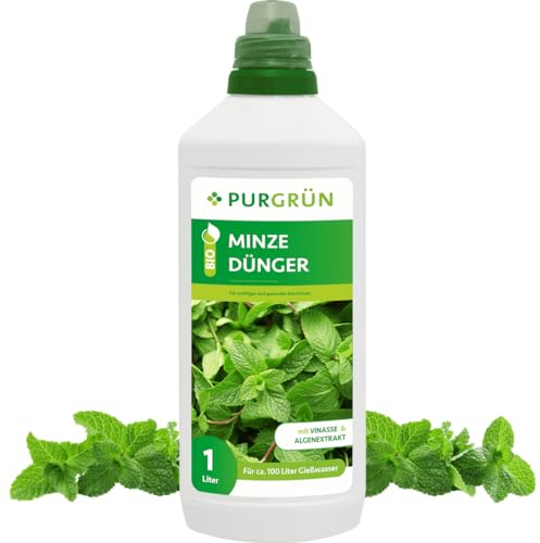 Purgrün® Bio-Minze-Dünger 1 Liter – Hoher Ertrag dank extra Phosphor – Bio & Vegan – Premium-Flüssigdünger – Ohne tierische Inhaltsstoffe – Ergiebiges Konzentrat für 100 Liter Wasser
