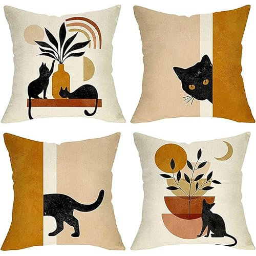 Set of 4 Cat Cushion Covers - Soft Boho Pillow Cases for Cat Lovers 45cm X 45cm - Decorative Kawaii Throw Pillows for Girls