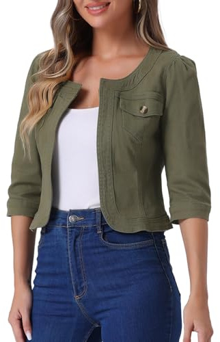 Allegra K Chaqueta Cortas Mezclilla Para Mujer Sin Cuello De Manga 3/4 Cárdigan Vaquero Frente Abierto Ejercito Verde L