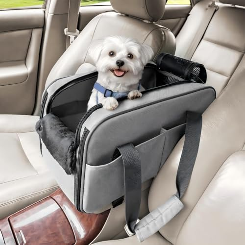 PETSFIT Multifunktionell hundsäte mittkonsol bilsäte hund centerkonsol flygbolag godkänd med säkerhetsrem och fickor, bilflygväska för små hundar katter upp till 5 kg