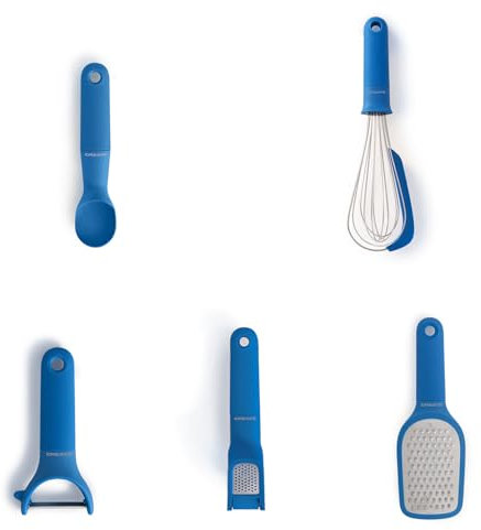 CREATE/Pack de 5 utensilios de cocina azul cobalto/Pelador de fruta y verdura, cuchara para helado, batidor de mano, rallador, prensa para ajos, apto para lavavajillas, hojas de acero inoxidable