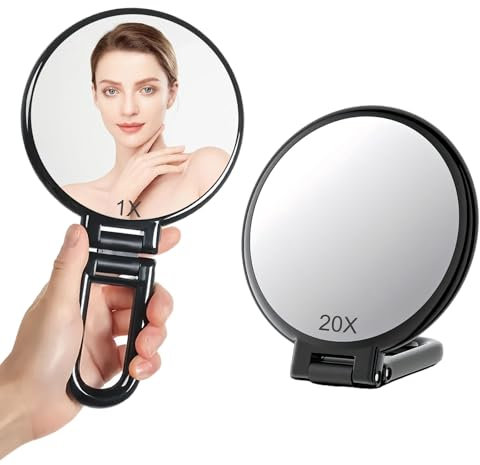 DONGDA 20X/1X Bifacciale Specchio Ingranditore, Specchietto con Manico Pieghevole Rotondo Specchio a Mano con Ingrandimento 20X, Specchio da Viaggio Specchio Trucco per Make Up